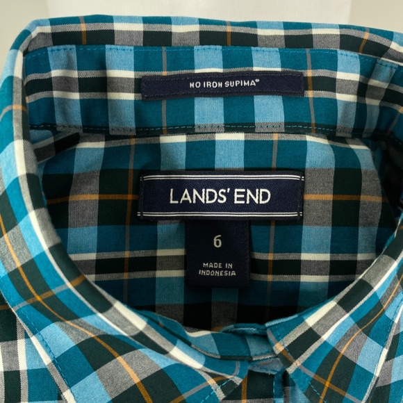 Lands End No Iron Supima Button Down Shirt Sz. 6 Plaid Teal Orange Black - Picture 9 of 11